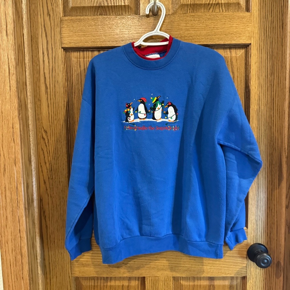 Vintage 90s Penguin Christmas Sweatshirt Blue Friends Make the Season Bright L